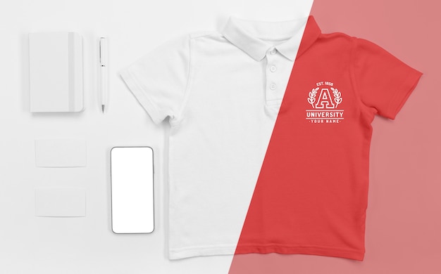 PSD vista superior da camiseta da volta às aulas com smartphone