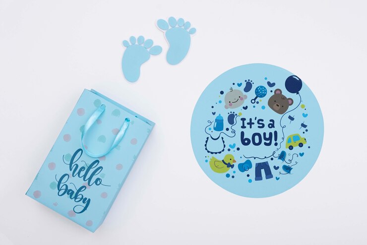 PSD vista superior da decoração do chuveiro de bebê azul com saco de presente