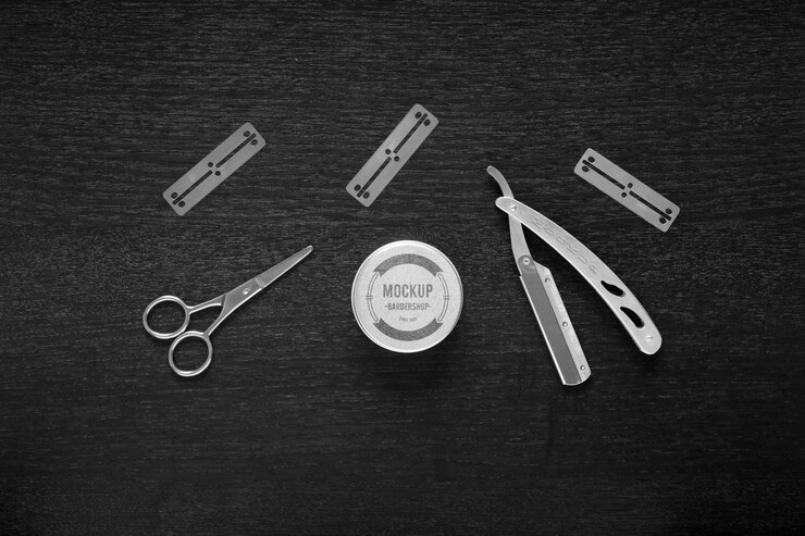 PSD vista superior da maquete de arranjo de ferramentas de barbearia