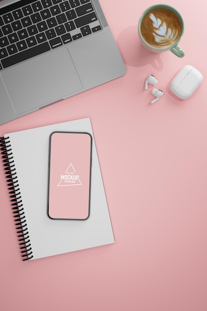 Vista superior da mesa rosa com fone de ouvido smartphone notebook e xícara de café renderização 3D
