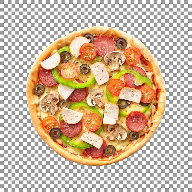Vista superior da pizza de cogumelo recém-assada isolada em fundo transparente