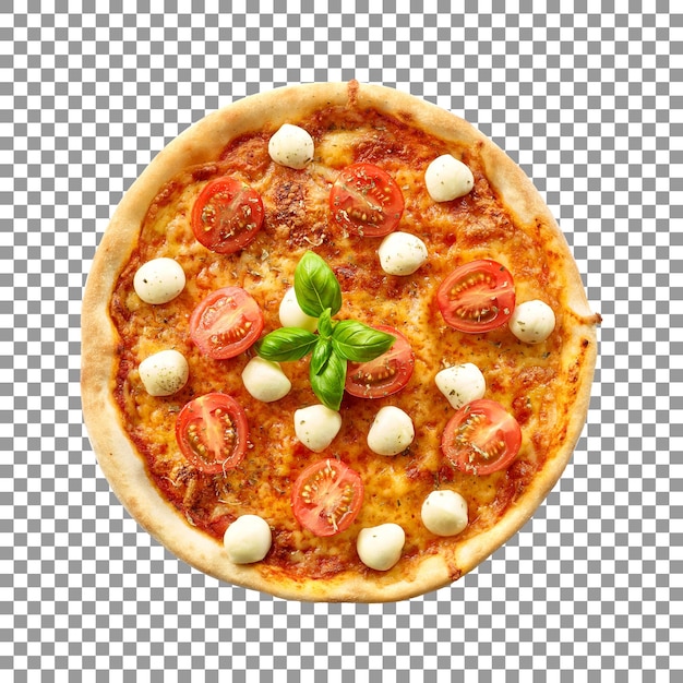 Vista superior da pizza de tomate recém-assada isolada em fundo transparente