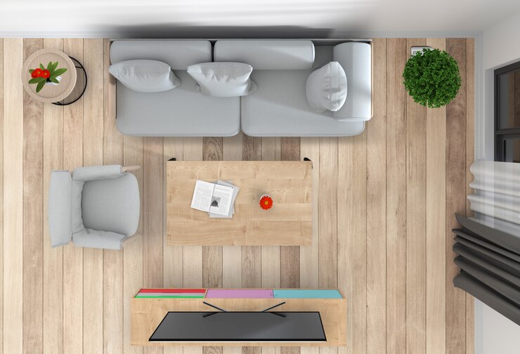 PSD vista superior da sala de estar interior com smart tv