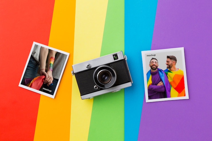 PSD vista superior das fotos com a câmera por orgulho