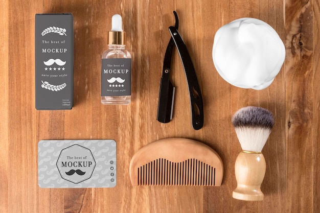 Vista superior de produtos de barbearia com pente