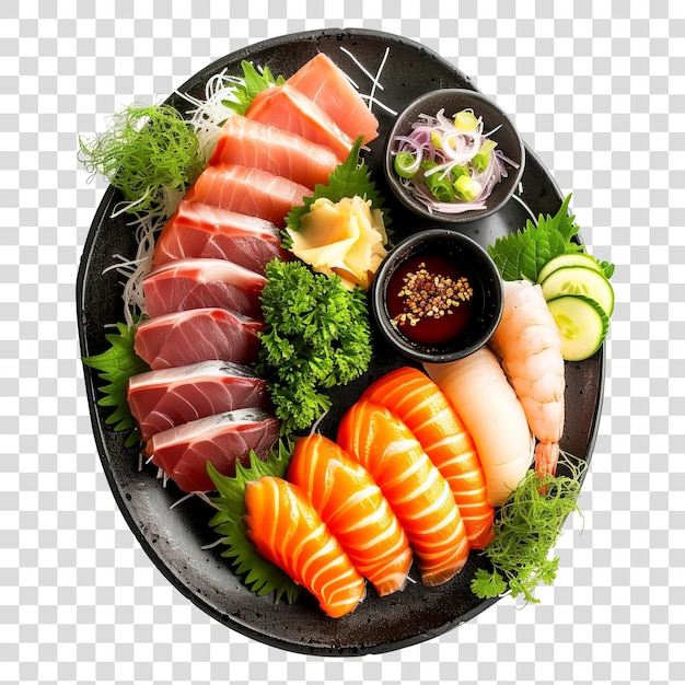 PSD vista superior de um delicioso prato de sashimi servido em uma elegante louça de laca isolada em transpare