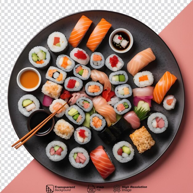 PSD vista superior de um sushi colocado em um prato, um prato japonês popular e bem conhecido com pauzinhos isolados