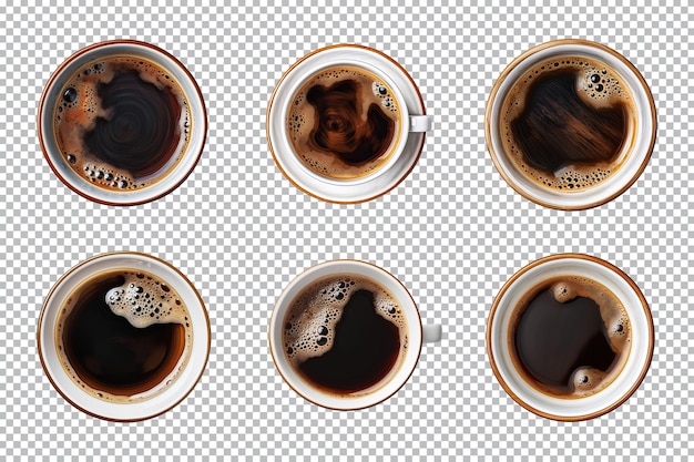 PSD vista superior de uma coleção de xícara de café isolada em fundo transparente