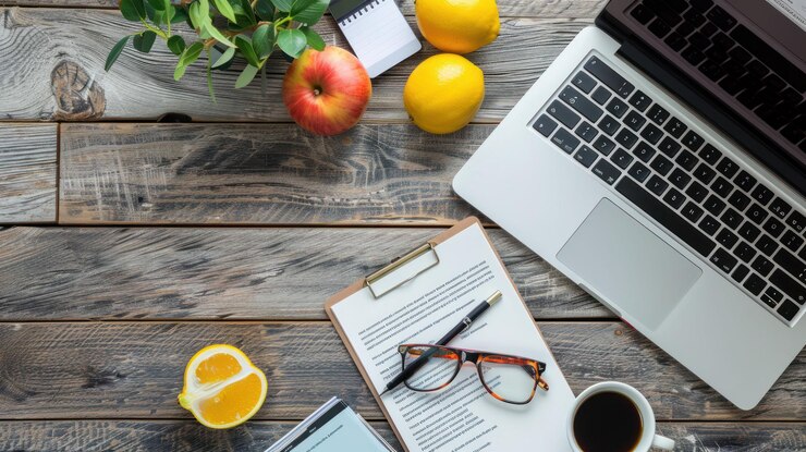 PSD vista superior de uma mesa de madeira com um caderno de laptops, copos, uma caneta, uma chávena de café, frutas, uma planta e um bloco de notas