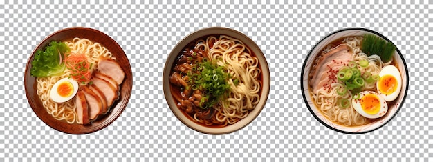 PSD vista superior do conjunto de coleção de sopa de macarrão de ramen japonês isolada em um fundo transparente