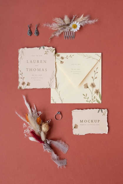 PSD vista superior do convite de casamento de papel rústico de maquete com folhas e flores