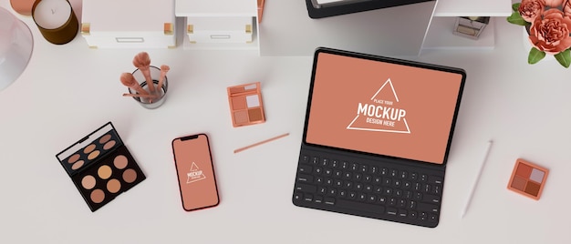 Vista superior do espaço de trabalho feminino com renderização 3d de tablet digital para smartphone