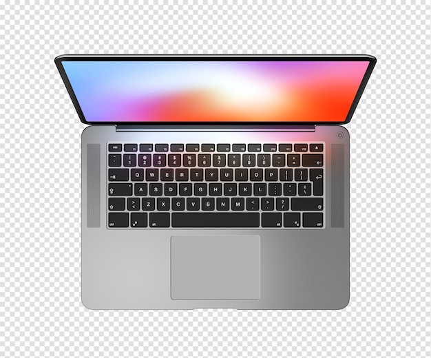 Vista superior do laptop aberto com tela colorida isolada em fundo transparente renderização 3d prata escura