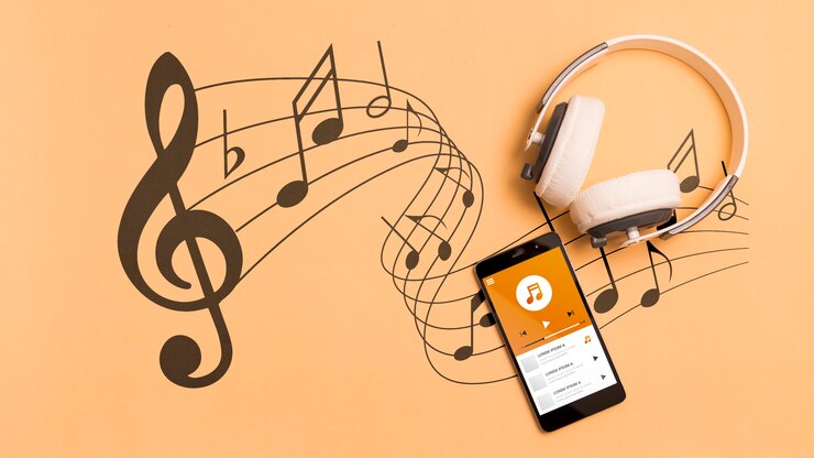 PSD vista superior do smartphone com fones de ouvido e notas musicais