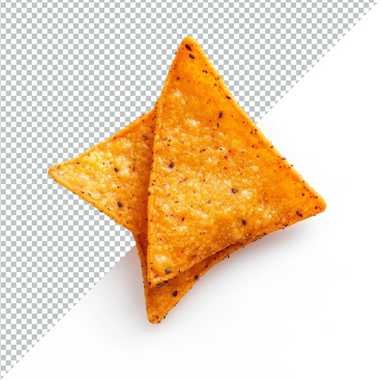 PSD vista superior de dos fichas de nachos doradas aisladas en un fondo transparente limpio perfectas para merendar o sumergir fichas de nacho vista superior aisladas en fondo transparente