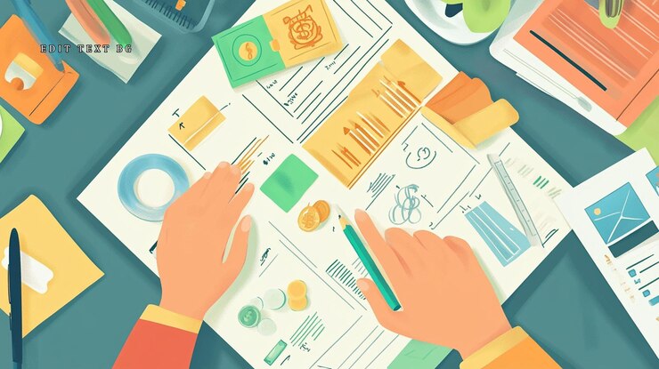 PSD vista superior de dos manos revisando documentos financieros, gráficos y gráficos