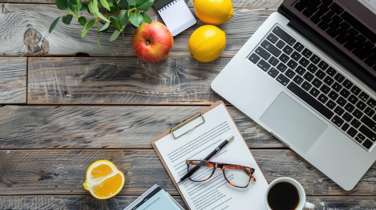 PSD vista superior de un escritorio de madera con un clipboard portátil, gafas, un bolígrafo, una taza de café, una fruta, una planta y un bloc de notas