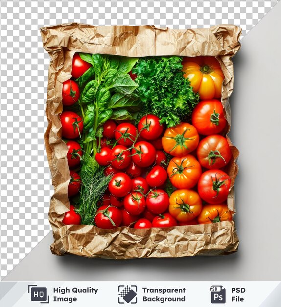 PSD vista superior de fondo transparente de verduras frescas en una maqueta de bolsa de papel reciclable