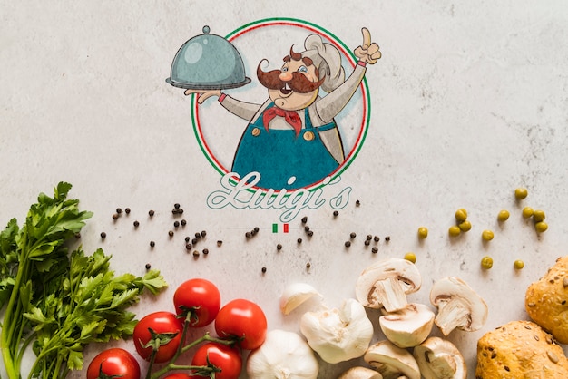 PSD vista superior de ingredientes de comida italiana con logo