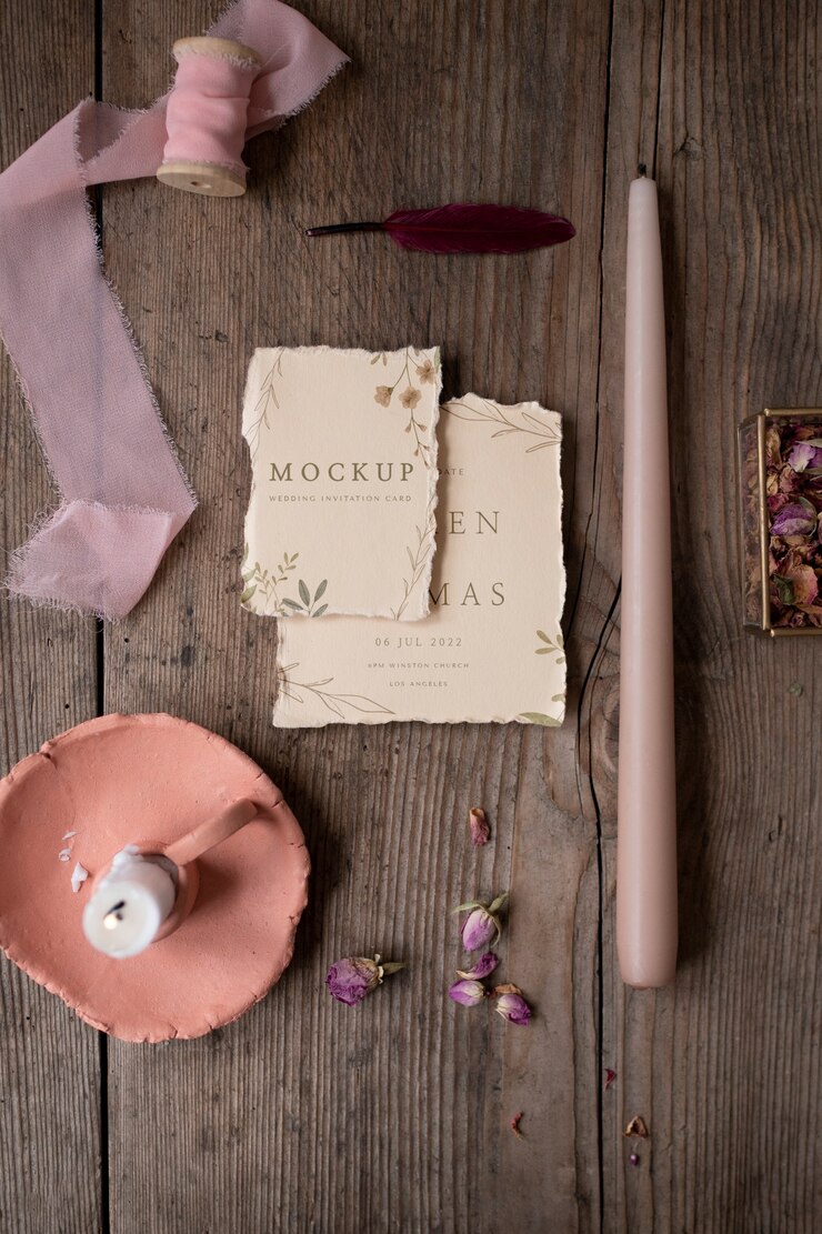 PSD vista superior de la invitación de boda rústica de maqueta de papel con hojas y flores
