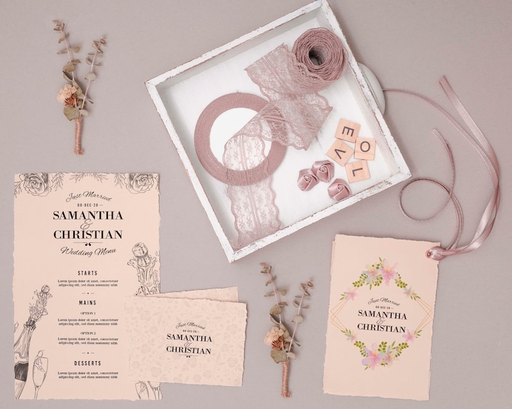 PSD vista superior invitaciones de boda