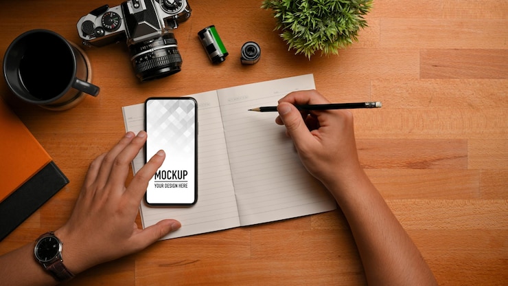 PSD vista superior de la mano masculina escribiendo en un cuaderno en blanco mientras se usa la maqueta de teléfono inteligente