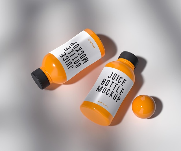 Vista superior de la maqueta de las botellas de jugo con superposición de sombras