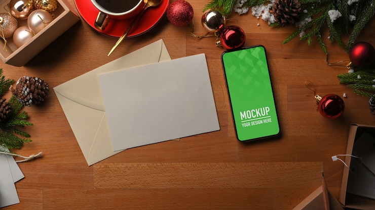 PSD vista superior de maqueta de smartphone y adornos navideños