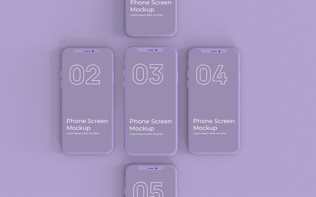 Vista superior de la maqueta de teléfonos inteligentes de color púrpura