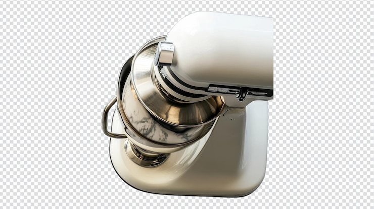 PSD vista superior de una mezcladora de cocina moderna con un cuenco de acero inoxidable en una encimera que muestra su diseño elegante y funcionalidad para tareas de horneado