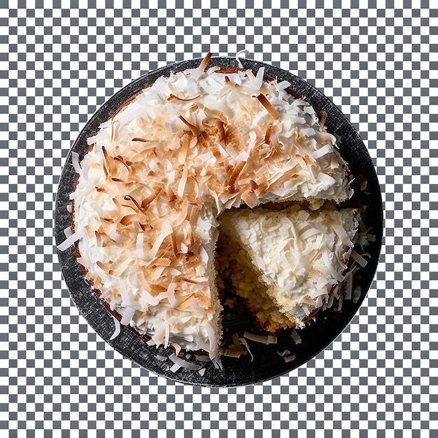 Vista superior de pastel de coco recién horneado aislado sobre fondo transparente
