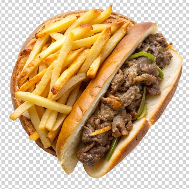 PSD vista superior del plato sándwich de cheesesteak y fondo blanco aislado francés