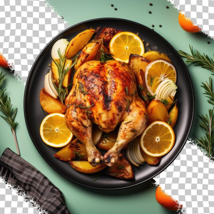 PSD vista superior de pollo asado, naranjas y verduras sobre un fondo transparente