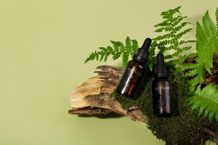 PSD vista superior de productos para el cuidado de la piel con hojas.