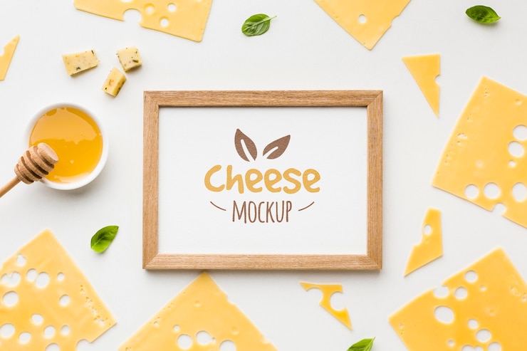 PSD vista superior de queso cultivado localmente con maqueta de marco