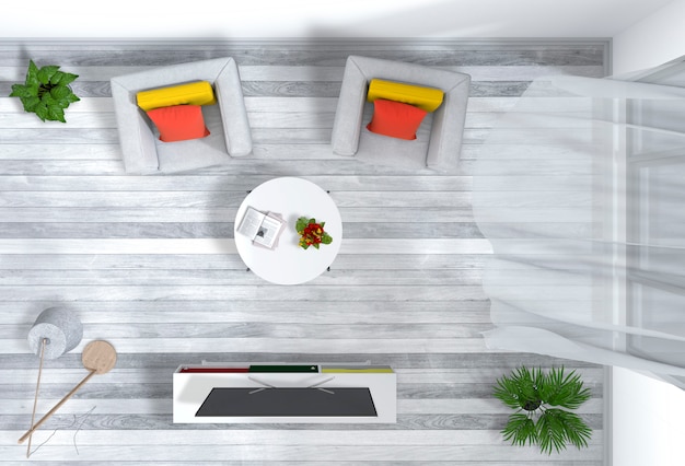 Vista superior del salón interior con smart tv