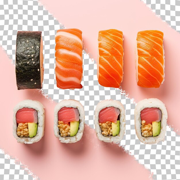 Vista superior de seis deliciosos rollos de sushi en un fondo transparente