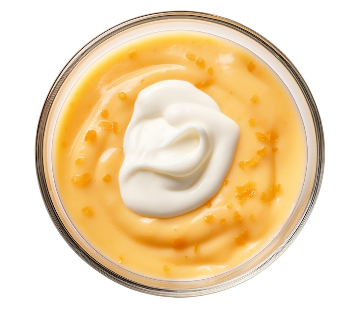 PSD vista superior de la sopa de crema de calabaza con salsa aislada en un fondo transparente