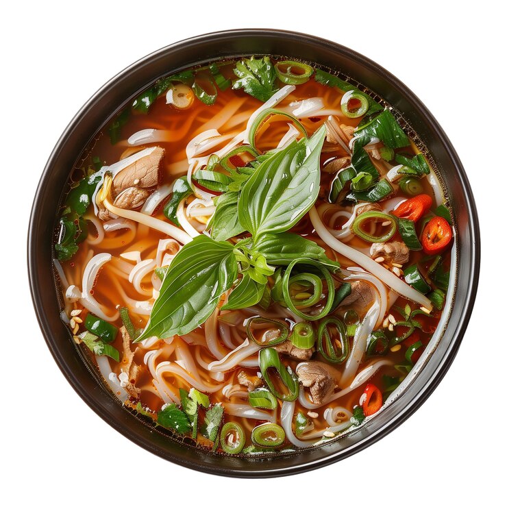 PSD vista superior de la sopa tradicional vietnamita de fideos de carne de res pho en un cuenco aislado sobre un fondo transparente