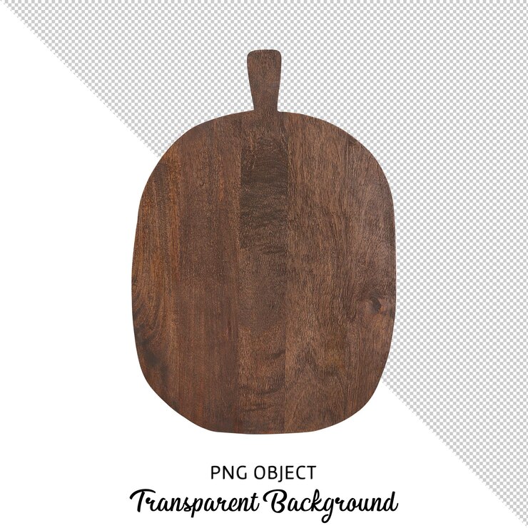 PSD vista superior de la tabla de servir de madera oscura asimétrica aislada sobre fondo transparente