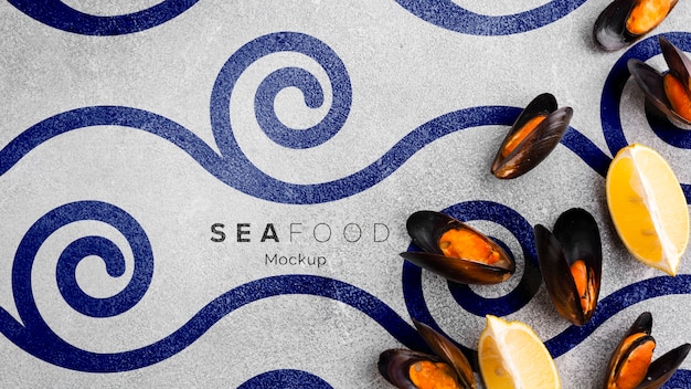 PSD vista superior variedade de frutos do mar com maquete