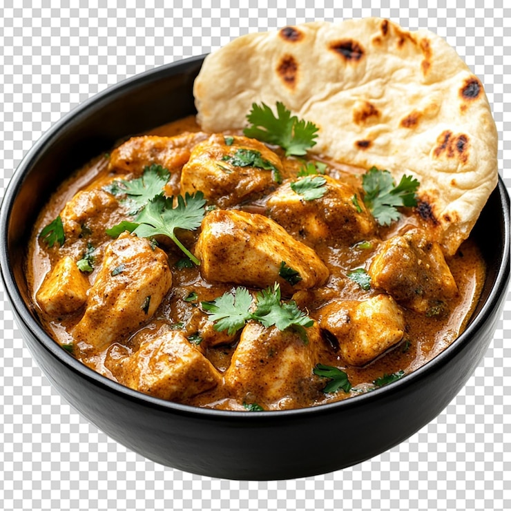 PSD vista superiore di un piatto di ceramica con pollo al burro e pane naan isolato su sfondo bianco