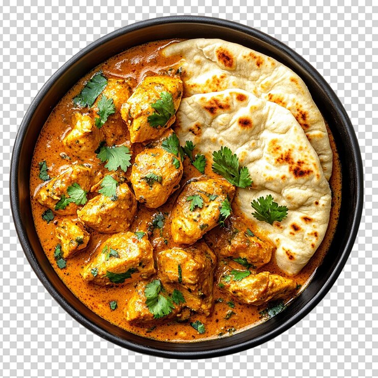 PSD vista superiore di un piatto di ceramica con pollo al burro e pane naan isolato su sfondo bianco