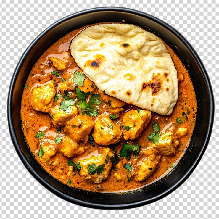 PSD vista superiore di un piatto di ceramica con pollo al burro e pane naan isolato su sfondo bianco