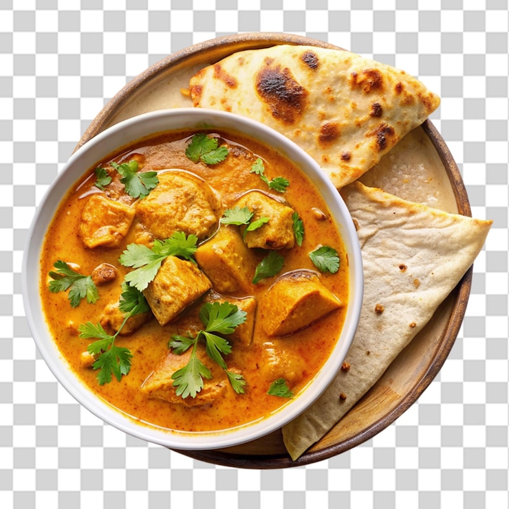 PSD vista superiore zuppa di curry di pollo con roti isolato su uno sfondo trasparente