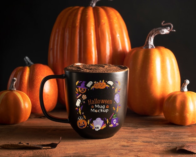 PSD vista de taza para halloween con adornos.