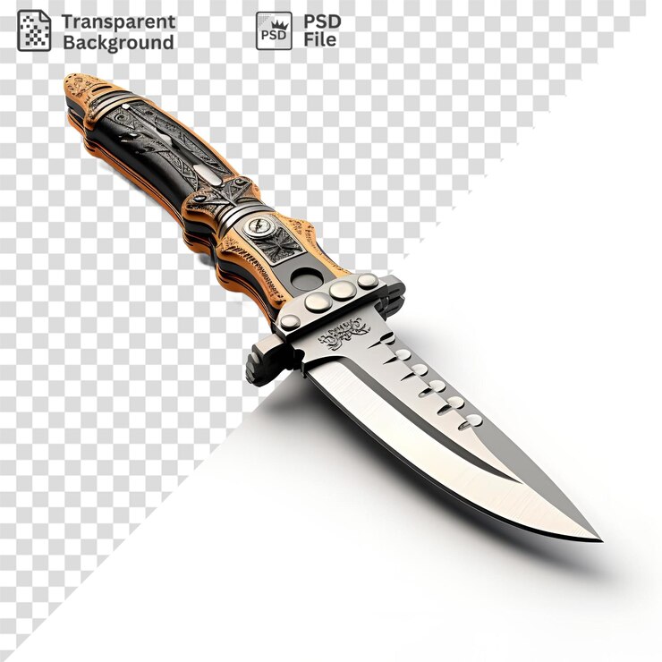PSD vista a tierra de un cuchillo plateado y negro con un mango y una cuchilla negras acompañado de un botón plateado y blanco en un fondo transparente el cuchillo tiene un diseño blanco y negro con el texto