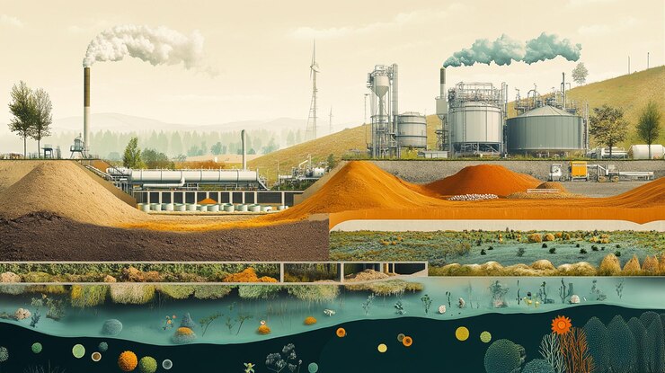 PSD vista transversal de una instalación industrial junto con el ecosistema natural que muestra las capas del suelo, el agua y el procesamiento de la biomasa