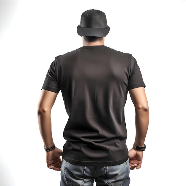 PSD vista traseira de um homem de camisa preta e boné isolado em fundo branco