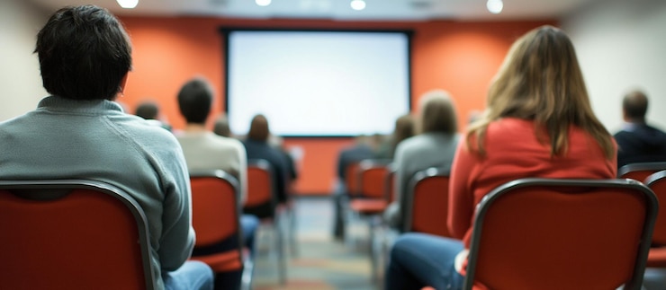 PSD vista trasera de los asistentes a una presentación de negocios en una sala de conferencias